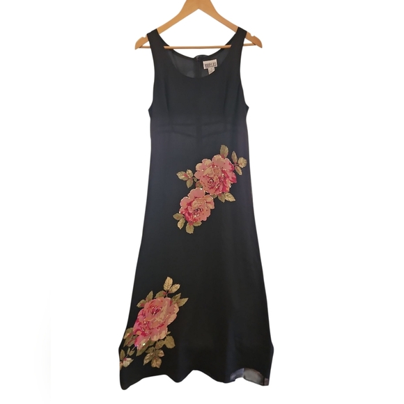 Robbie Bee SZ 12 Vintage 100% Silk Black Floral Beaded Midi Sleeveless Dress - Picture 2 of 11